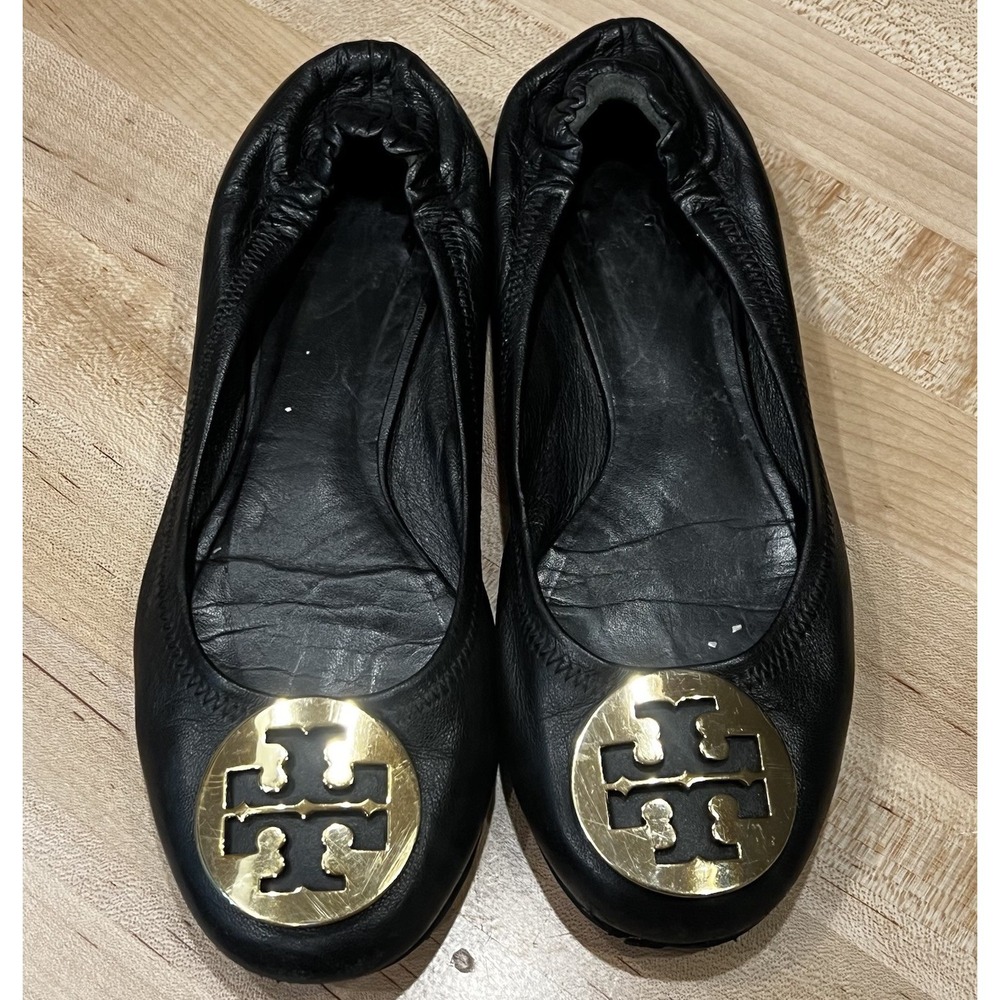 Tory Burch Reva Black Leather‎ Ballet Flats Women's Size 7